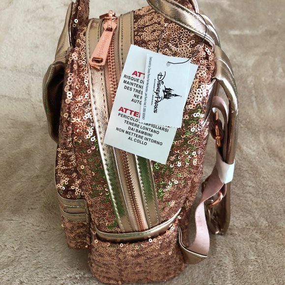 NWT Loungefly Disney Minnie Rose Gold Pink Sequin Mini Backpack Rare Heart Logo - Picture 4 of 8